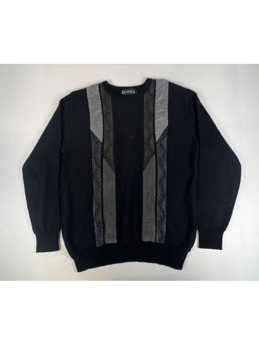 Bassiama L Vintage Men Black Wool Geometric Stripe Pattern Crewneck Sweater